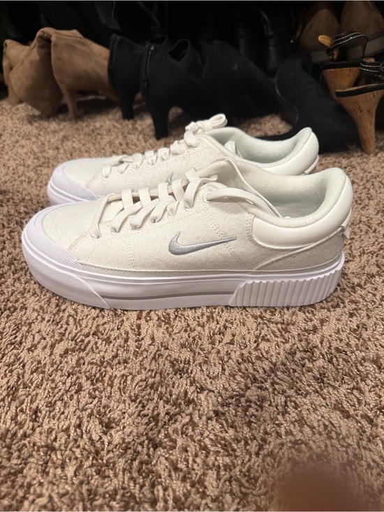 Nike Shoes - Nike Cream Canvas Platform Sneakers with Silver Swoosh